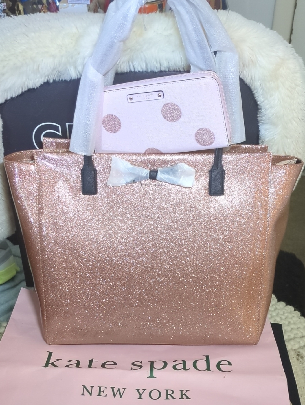 kate spade rose gold glitter tote w/ bow Unique & Kate Matching Wallet  $250